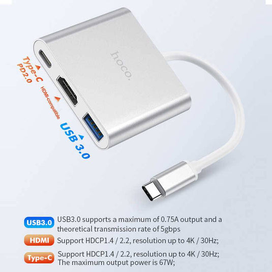 [HB14] HOCO 3 in 1 USB-C Type C USB 3.0 HUB HDMI PD Adapter Converter Splitter