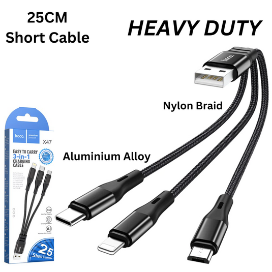 [X47][3 in 1][25CM Short][Heavy Duty] HOCO Universal Traveling Fast Charging Data Sync USB Cable For USB-C / Lightning / Micro Phone & Tablet Device - Polar Tech Australia