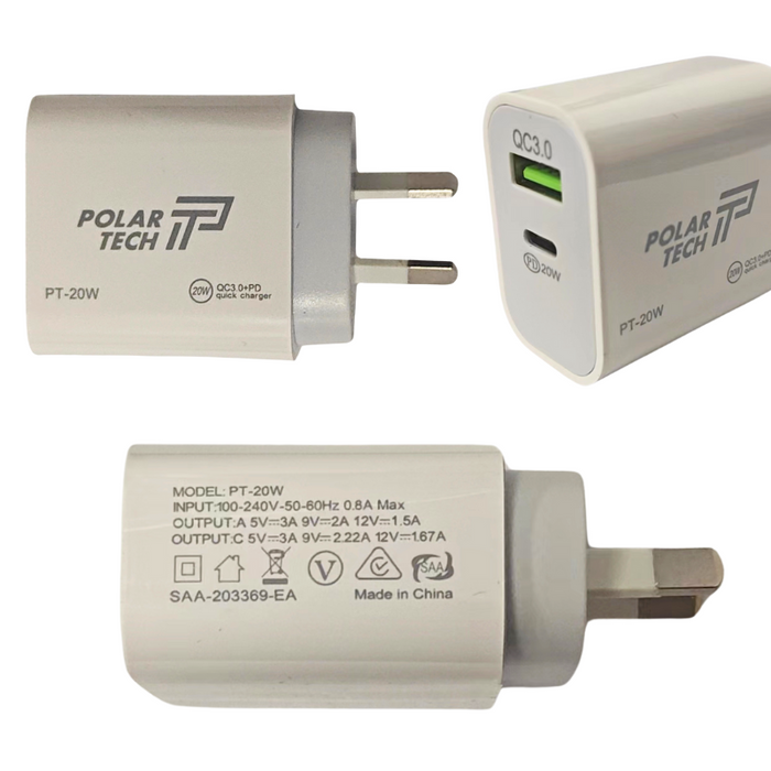 [PT-20W] 20W PD Type-C + QC 3.0 USB Dual Port Wall Travelling Charger Adapter -  (SAA Approved/AU Plug)