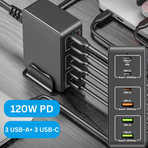 [818H] Universal Phone Tablet Laptop 120W PD+QC 6 Port USB Type-C Wall Charger Desktop Home Office Charging Station Power Adapter (AU Plug) - Polar Tech Australia