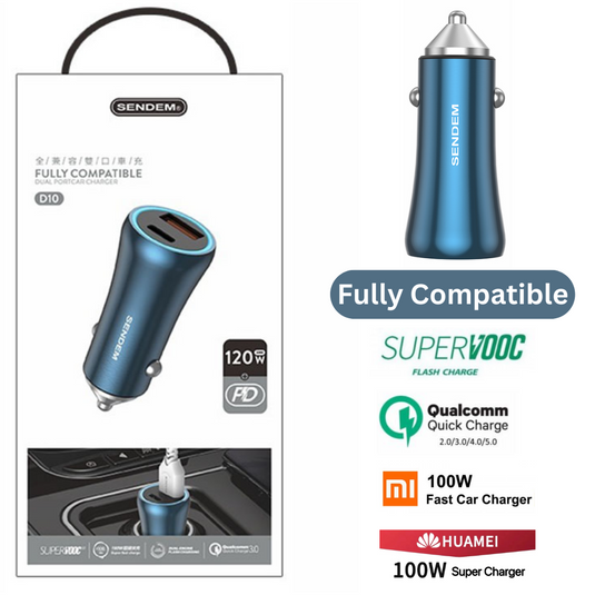 [D10][Dual Port] SENDEM 120W Universal Super Fast OPPO Realme XIAOMI SuperVooc Car Super Charger