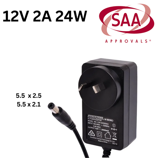 [12V-2A/24W][5.5x2.5 & 5.5x2.1] Universal Computer/Monitor/LED Strip/Light Module/Speaker/CCTV/Router/Camera Power Supply Adapter Wall Charger - Polar Tech Australia