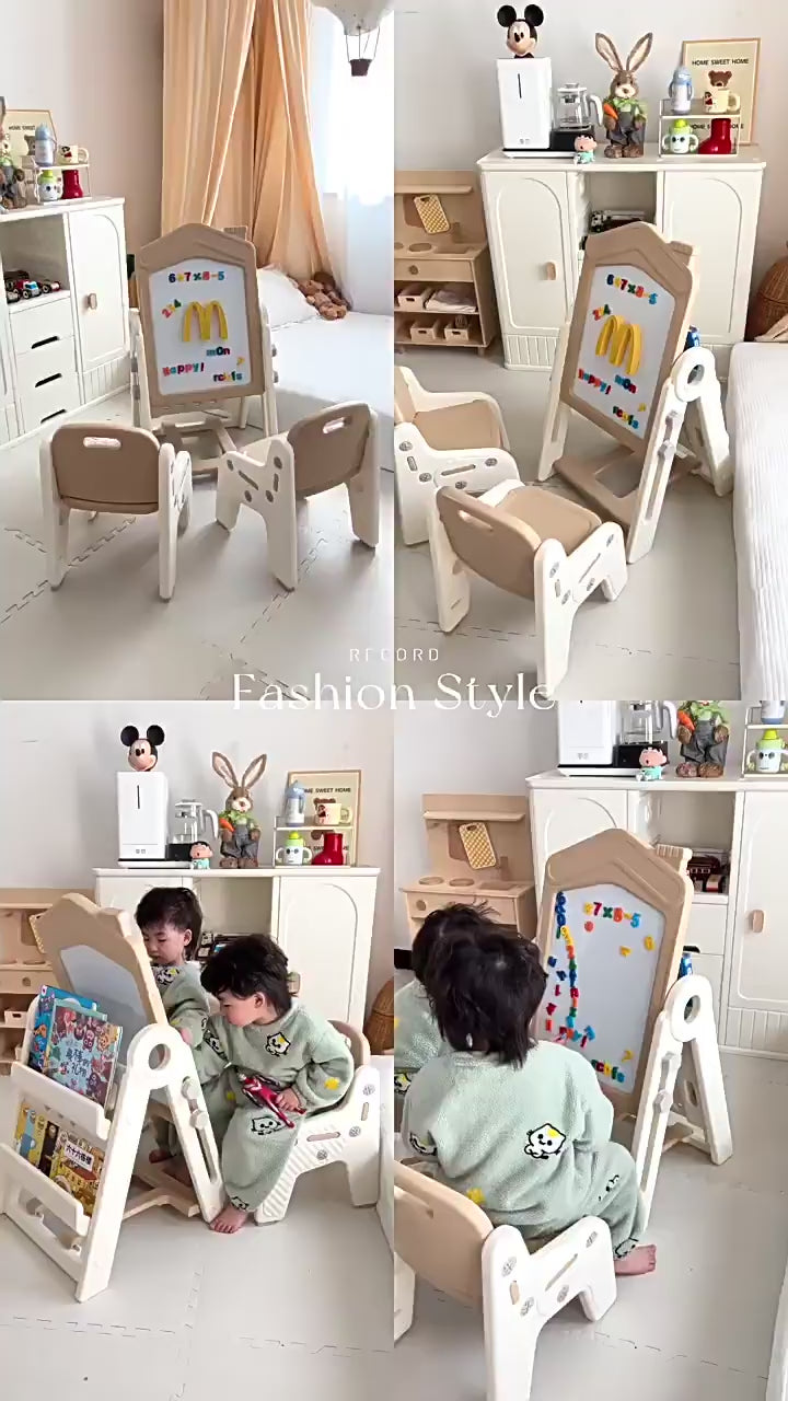 Load and play video in Gallery viewer, Kids Multifunction Magnetic Learning Easel with Chair – Drawing, Building Blocks &amp; Educational Activity Board
