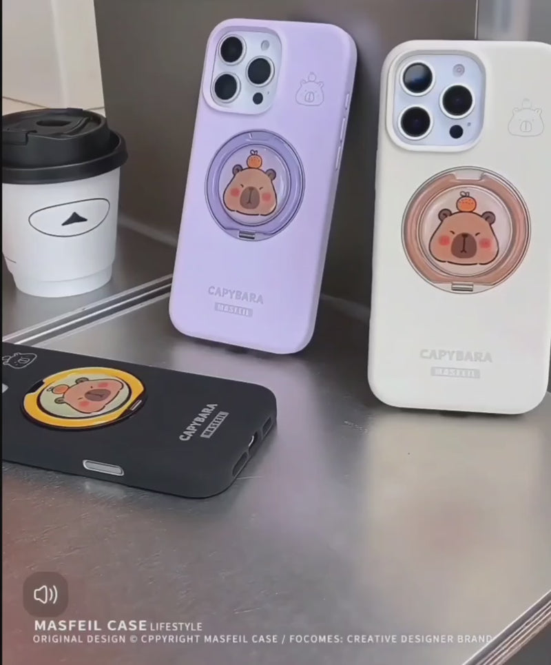 Load and play video in Gallery viewer, [Built-in Stand] Apple iPhone 17/Air/Pro/Max - Capybara Liquid Silicone Full-Cover Shockproof Phone Case
