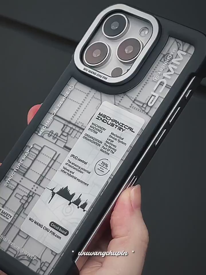 Load video: Apple iPhone 15/Pro/ Pro Max borderless mechanical designer blueprint design style Shockproof Fashion Series Case