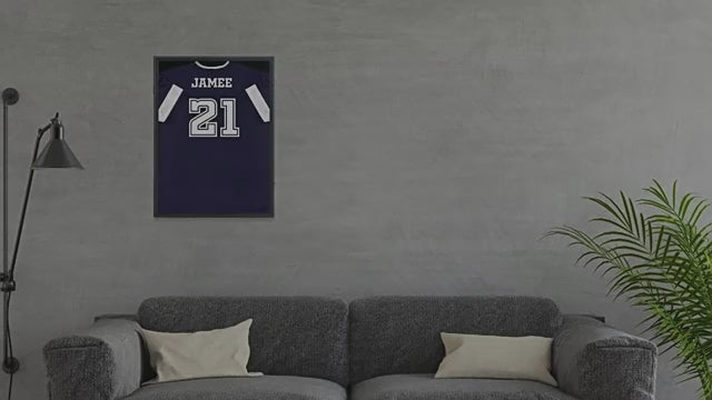Load and play video in Gallery viewer, 60×80cm Jersey Display Frame – Solid Wood UV Protection Case for AFL, NBA, Football &amp; More
