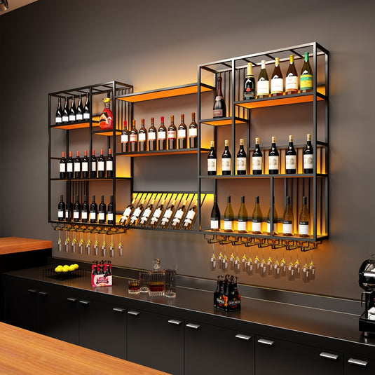 Modern Industrial Wall-Mounted Wine & Spirits Rack with LED Lighting and Hanging Wine Glass Holder - i-Station Mobile Phone & Electronic Device Repair and Accessories
